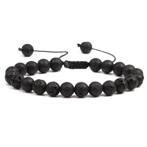 Adjustable black lava stone beaded bracelet with handmade braided cord for men