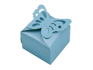 Close-up of light blue laser-cut butterfly candy box with square base and pearlescent finish