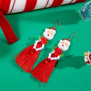 Long tassel Santa Claus earrings with floral beads and festive Christmas decorations
