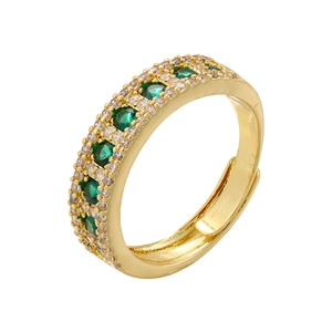 18K gold plated adjustable open ring featuring sparkling green and clear gemstones