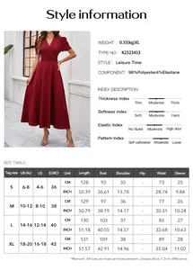 Detailed size chart and fabric specifications for this short sleeve V-neck elegant dress