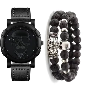 Detail of hip hop skull quartz watch with black leather strap and lava rock bead bracelets