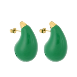 18K gold plated stainless steel teardrop earrings with green enamel in a minimalist style