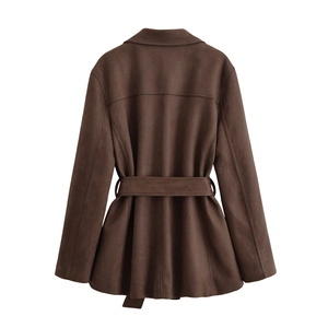 Deep brown faux suede trench coat with belted back and slim fit tailoring details