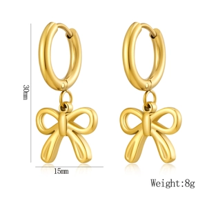 Golden stainless steel bow pendant earrings 30mm height with elegant polished finish