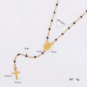 Goldene Rosenkranz-Halskette aus Edelstahl mit schwarzen Perlen und Maßen darauf