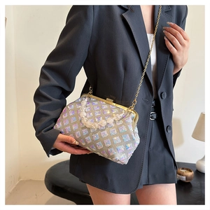 Detail of silver sequined evening shell bag with pearl handle and golden chain strap
