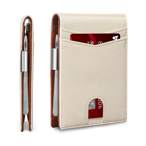 Slim RFID blocking wallet with metal money clip and thumb groove card slot detail