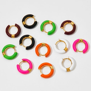 Golden stainless steel hoop earrings with colorful enamel charms in six vibrant colors