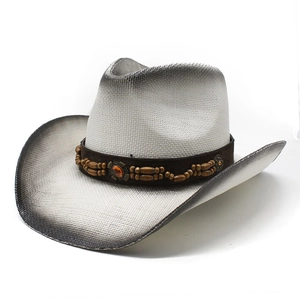 Classic white western cowboy straw hat with black spray gradient edges and beaded band