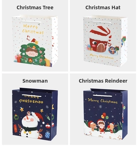 Detailed comparison of four cartoon Christmas gift bags with snowman and deer patterns