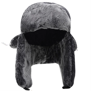 Classic dark grey thermal earflap hat with thick faux fur lining for winter wind protection