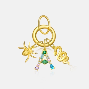 S925 Sterling silver necklace pendant with golden spider, snake and gemstone letter A