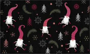 Detailed pattern of festive Christmas gnomes and snowflakes on a black non-slip door mat