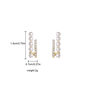 Double row pearl and rhinestone drop earrings in gold finish measuring 1.9cm in height