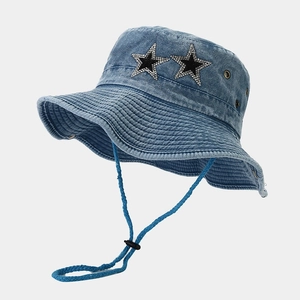 Washed blue denim sun hat with sparkling rhinestone stars and adjustable chin strap