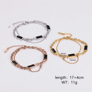 Minimalist double layered stainless steel bracelet set with black zircon pendant and cuban chain