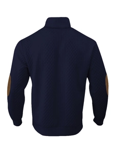 Detail view of men's navy blue cardigan showing brown elbow patches and diamond textured fabric