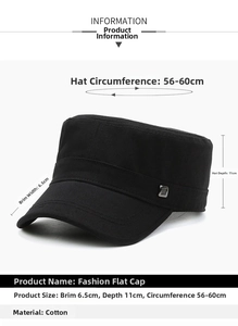 Guide des dimensions pour casquette militaire noire en coton avec boucle en métal