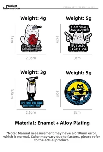 Size chart showing dimensions and weight for four black cat enamel pins and badges