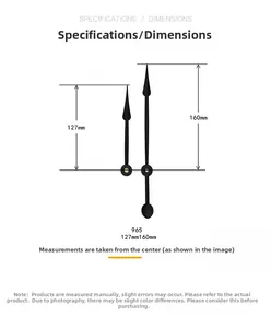Disegno tecnico di lancette nere per orologio modello 965 con lunghezze di 127mm e 160mm