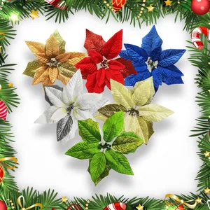 Fleurs De Noël Artificielles Poinsettia Paillettes Tissu Ornements Pour Sapin De Noël Décoration De Fête