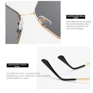 Detail of gold metal frame sunglasses with silicone nose pads and anti-scratch temples