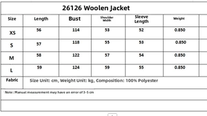 Size chart for soft double-breasted jacket showing lengths and polyester fabric specs