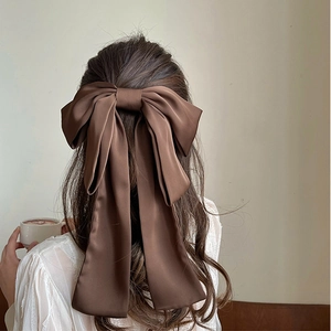Barrette à cheveux gros nœud en satin marron avec rubans élégants sur cheveux ondulés