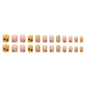 French cartoon cherry plaid short press-on nails 24pcs kit in pink and yellow