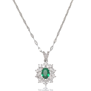 Elegant emerald silver necklace with sparkling rhinestone halo flower pendant design