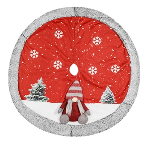 Red Christmas tree skirt with plush grey border and 3D gnome doll decorations