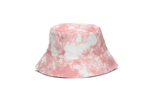 Close-up of pink and white tie-dye bucket hat showing cotton twill fabric texture