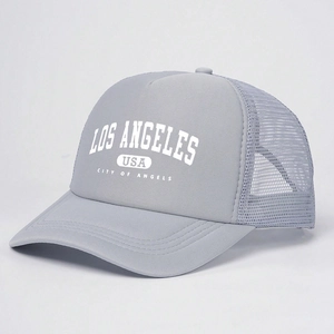 Grey Los Angeles USA mesh trucker hat with City of Angels print in a retro style
