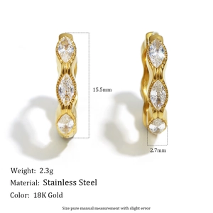 18K Gold plated stainless steel huggie earrings featuring three marquise cubic zirconia