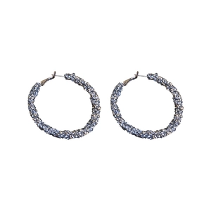 Chic silver needle geometric hoop earrings with sparkling blue rhinestones for women
