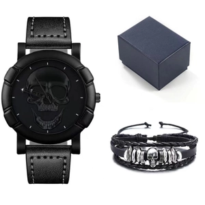 Gothic hip-hop watch set with 3D skull dial, braided bracelet, and premium gift box
