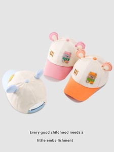 Detailed view of cute baby baseball caps with 3D ears and bear patches