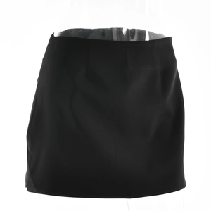 Ghost mannequin view of a sleek black high-waisted mini skirt for women in solid color