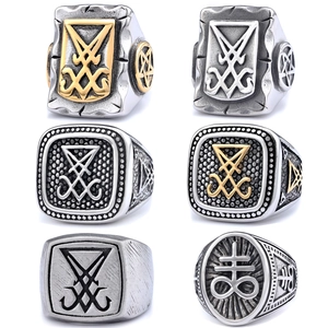Stainless Steel Ring Gothic Sigil Of Lucifer Leviathan Cross Embossed Distressed Retro Punk Jewelry For Men Women