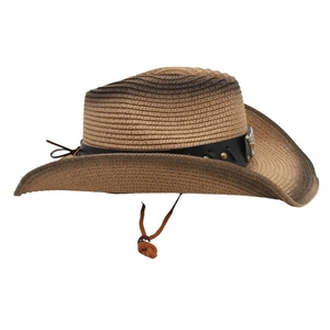 Detail of straw cowboy hat featuring brown gradient weave and black leather band with studs