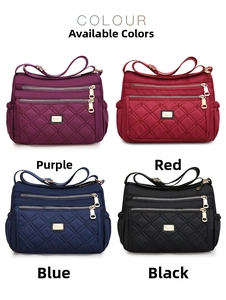 Collage of multi-layer waterproof nylon crossbody bags in purple, red, blue, and black