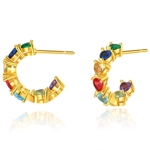 Irregular C-shaped gold brass earrings with colorful heart-shaped cubic zirconia
