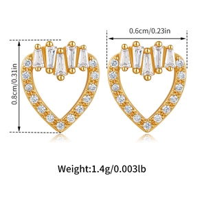 Detail view of heart stud earrings in 18K gold plating with zircon and size dimensions