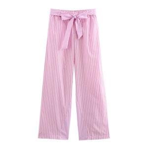 Women Striped Wide Leg Pants Tie Waist Bow Belt Straight Trousers Casual Polyester Sweet Style Pink White Striped