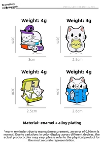Detailed set of four enamel cat pins featuring magic, travel, and reading designs