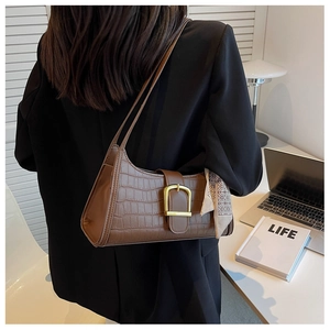 Brown faux crocodile leather bag with gold buckle and silk scarf detail