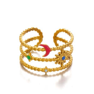 Gold bohemian star and moon open ring with colorful enamel inlay on triple band