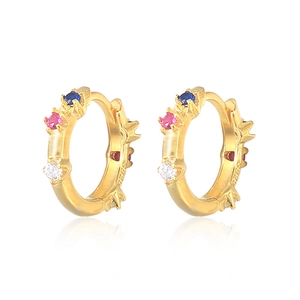 S925 silver hoop earrings with gold plating and multicolor cubic zirconia stones