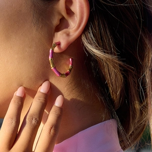 Bamboo Joint C-Shaped Hoop Earrings For Women Sweet Romantic Gold Plated Pink Enamel Pattern Stainless Steel Geometric Jewelry